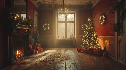 A beautifully rendered 3D Christmas interior with a glowing fireplace, a decorated tree, and cozy furniture, creating a warm holiday atmosphere.