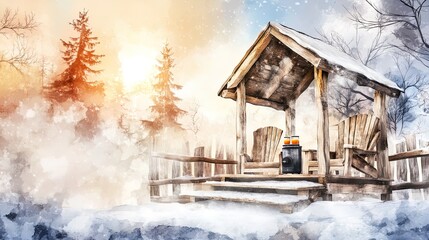 cozy family moments: enjoy hot drinks by an eco-friendly stove in a wooden cabin surrounded by snowy forest - perfect poster for a warm, sustainable interior