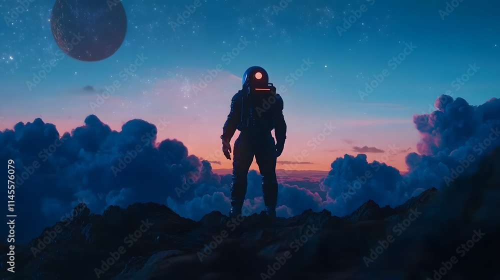 Poster astronaut exploring cosmic landscape outer space digital art surreal environment distant viewpoint a