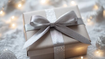 Elegant gift box with silver ribbon and lights.