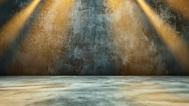 A website slide backdrop showcasing an empty dark gray industrial concrete scene with a solid floor and back wall, illuminated by soft light rays streaming in from above.