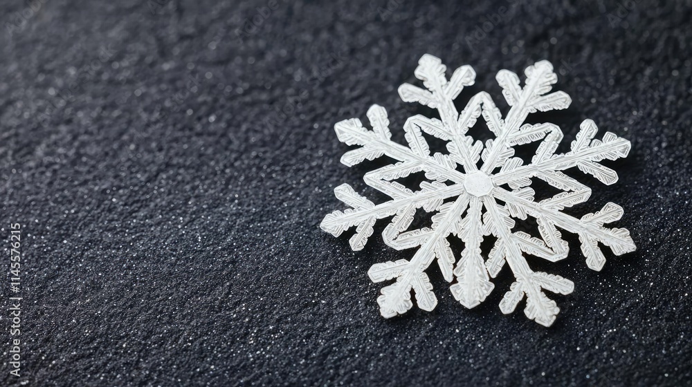 Poster macro natural concept. close-up of a delicate snowflake on a dark textured surface, showcasing intri