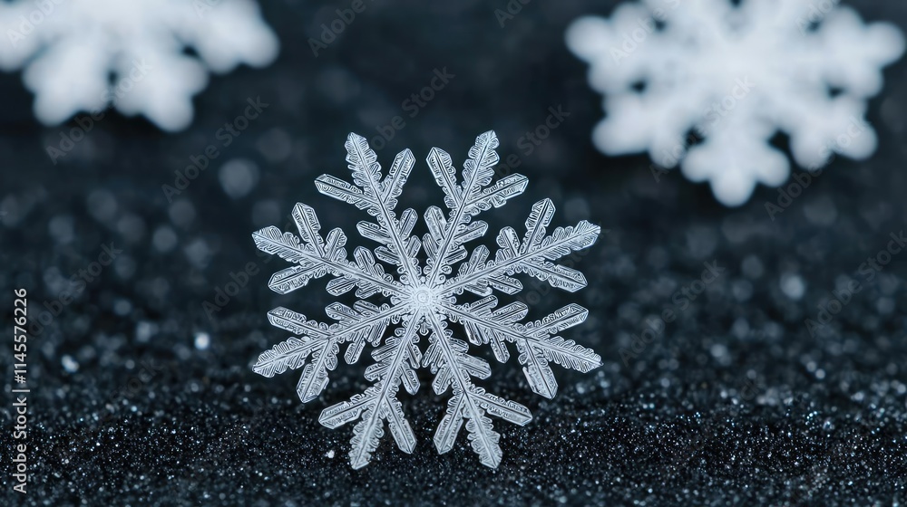 Poster macro natural concept. close-up of a delicate snowflake resting on dark surface, showcasing intricat