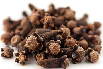 Fototapeta premium Whole Dried Cloves on White Floor – Aromatic Spice for Culinary and Medicinal Use for Food Blogs, Recipes, Spice Packaging, E-commerce, Cookbooks, Ads, Social Media, Health Websites