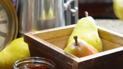 Baking cinnamon maple pears with a granola topping.  Autumn dessert is perfect for something cozy after dinner. - Powered by Adobe