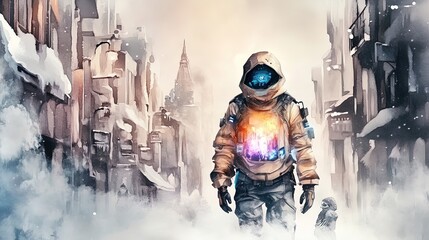 futuristic winter fashion: tech-integrated warm jackets with glowing elements set against a snowy city street - perfect for sports interior posters and modern d&eacute;cor!