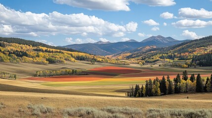 Colorful Patchwork Fields Against Blue Sky in Autumn Landscape