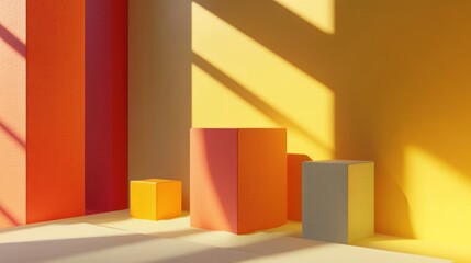 Sunlit Abstract Minimalist Cubes and Walls, a vibrant display of warm colors, perfect for product display or art concept.