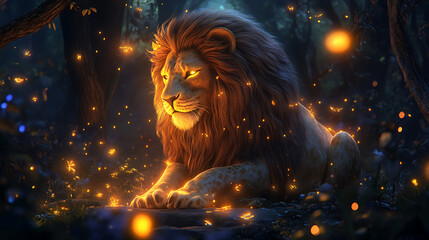 lion illuminated by glowing magical elements in a mystical forest, a harmonious mix of vivid colors 