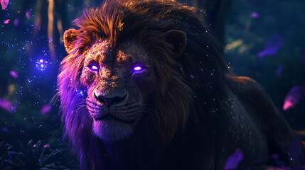 lion illuminated by glowing magical elements in a mystical forest, a harmonious mix of vivid colors 