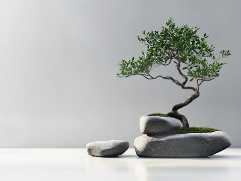 Zen garden rocks and sparse bonsai tree, light gray background, minimalist composition, serene aesthetic.
