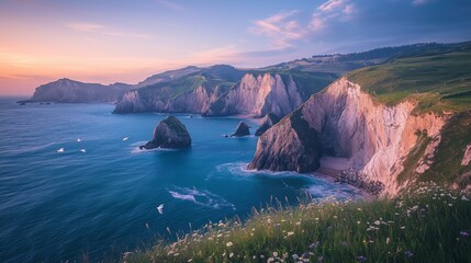 Fototapeta premium The stunning Cantabrian Sea features dramatic cliffs, blue waters, and a tranquil sunset landscape.