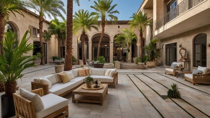 Fototapeta premium patio palm tree, Sophisticated patio with tall palm trees and stylish decor