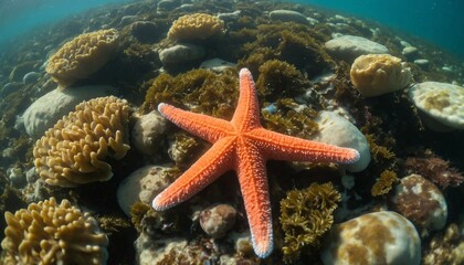 Vibrant Orange Starfish Among Coral and Seaweed