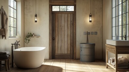Rustic bathroom interior with freestanding tub, wooden door, and vintage accents.