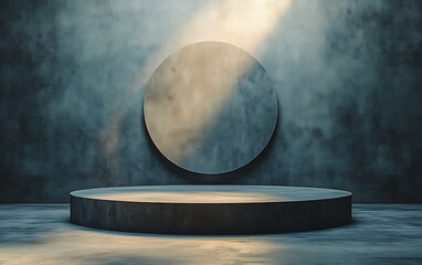 Dark moody circular platform and wall with spotlight.