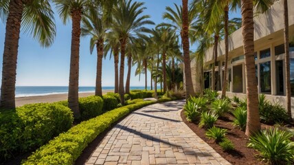 Fototapeta premium patio palm tree, Patio path lined with palm trees leading to a peaceful space