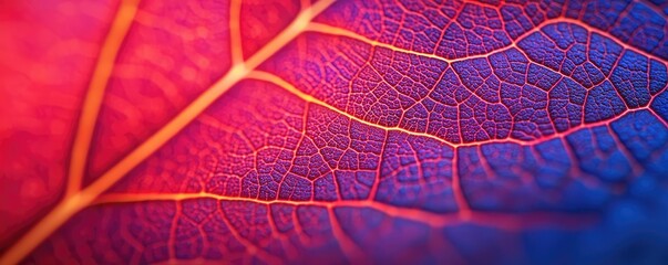Micro foliage concept. Close-up of a vibrant leaf showcasing intricate vein patterns and rich colors.