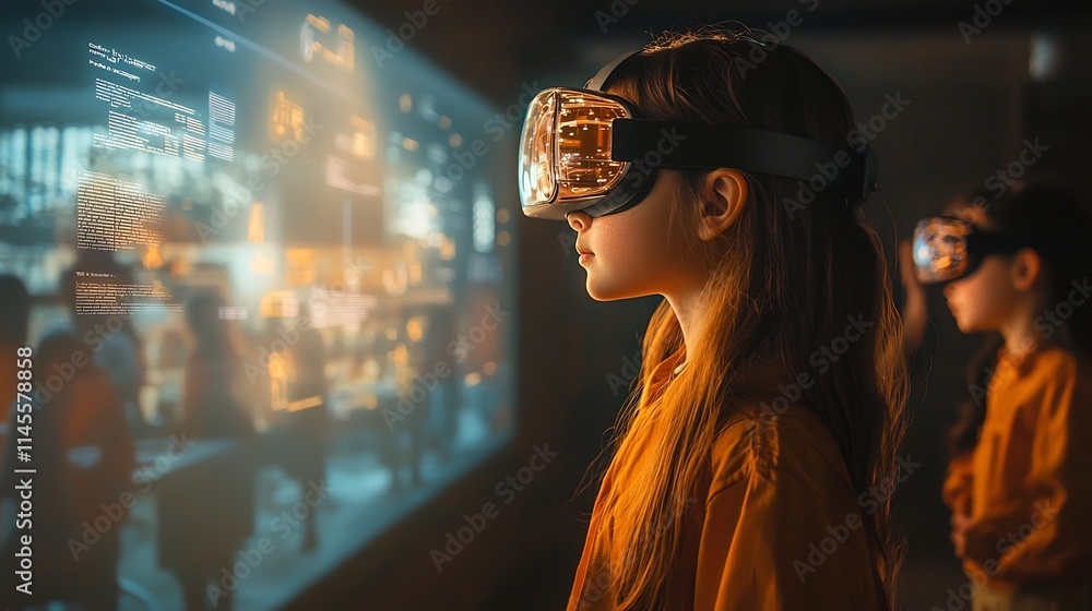 Poster innovative ai driven future school featuring interactive holographic teachers guiding students throu