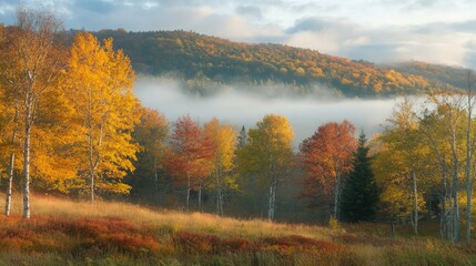 Fototapeta premium Peaceful Autumn Morning with Mist Over Vibrant Fall Foliage