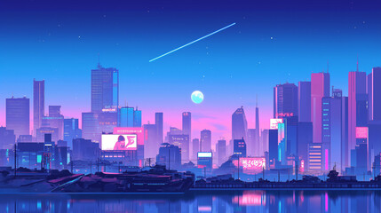 Naklejka premium 70年代、80年代のシティポップを意識した都市の夜景のアニメ風イラスト,レトロポップ,日本人,懐かしい,エモい,J-pop,エモーショナル,チル,背景素材 