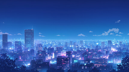 Fototapeta premium 70年代、80年代のシティポップを意識した都市の夜景のアニメ風イラスト,レトロポップ,日本人,懐かしい,エモい,J-pop,エモーショナル,チル,背景素材 