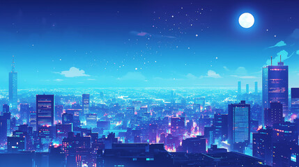 Obraz premium 70年代、80年代のシティポップを意識した都市の夜景のアニメ風イラスト,レトロポップ,日本人,懐かしい,エモい,J-pop,エモーショナル,チル,背景素材 