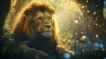 lion in a magical forest filled with sparkling light and ethereal elements, a sharp and vivid scene with a balanced layout