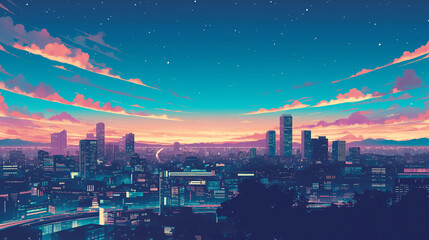 Obraz premium 70年代、80年代のシティポップを意識した都市の夜景のアニメ風イラスト,レトロポップ,日本人,懐かしい,エモい,J-pop,エモーショナル,チル,背景素材 