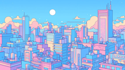 70年代、80年代のシティポップを意識した都市の夜景のアニメ風イラスト,レトロポップ,日本人,懐かしい,エモい,J-pop,エモーショナル,チル,背景素材	