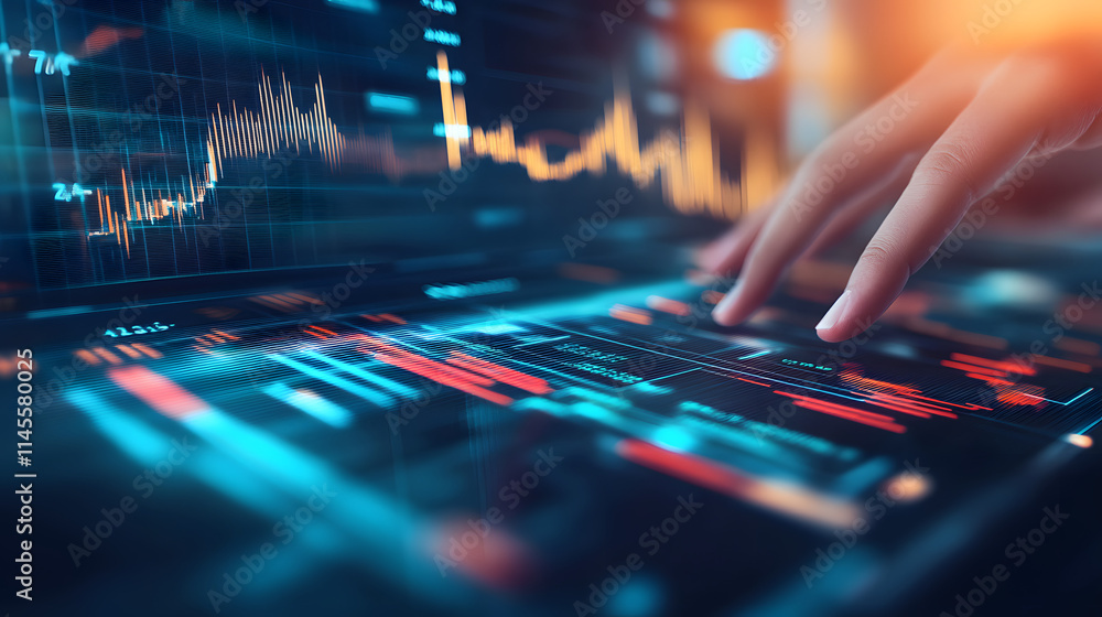 Poster close-up of a hand interacting with a futuristic touchscreen displaying dynamic stock market data an