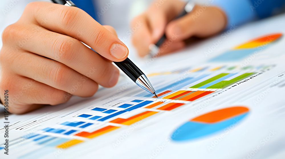 Poster close-up of hands analyzing colorful charts and graphs with a pen. business, finance, and data analy