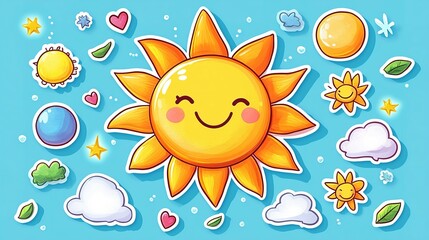 Happy Smiling Sun With Clouds And Stars