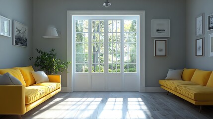 Sunlit living room with yellow sofas, large window, and framed art.
