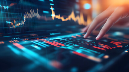 Close-up of a hand interacting with a futuristic touchscreen displaying dynamic stock market data and graphs. Vivid blue and red hues highlight the financial information.
