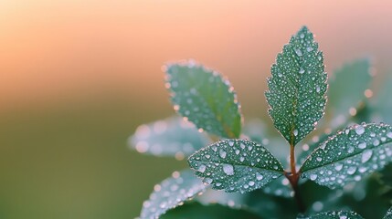 Micro foliage concept. Close-up of fresh green leaves adorned with morning dew glistening in soft sunlight.