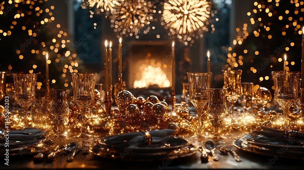 Poster luxurious new year s eve scene featuring a table set with elegant golden and glittering by bursts of