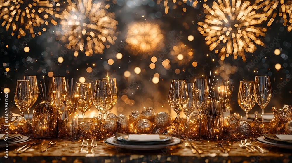 Poster luxurious new year s eve table setting with golden fireworks display elegant floral and candle a cle