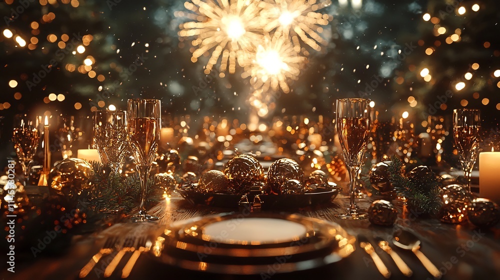 Poster Luxurious New Year Setup with Golden Fireworks Elegant Table a Clear Lower Section for Text Placement  Image Showcasing a Glamorous and Sophisticated Festive Scene