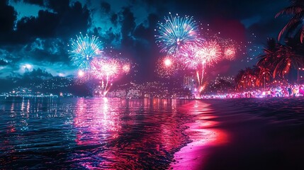 Mesmerizing New Year s Eve captured with details featuring a stunning display of colorful fireworks lighting up the waves and a lively beach party by the glowing seashore
