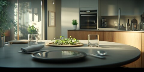 Fototapeta premium Sunlit Kitchen Table with Microgreens Modern Home Interior Plants