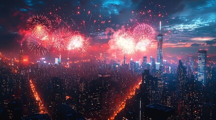 Obraz premium New Year s Eve cityscape with a grand colorful fireworks display illuminating the glowing skyscrapers and an exhilarated crowd celebrating the arrival of the new year in a scene