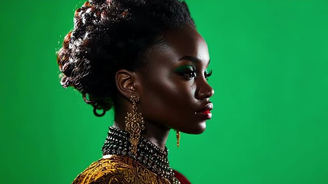 Young woman with an elaborate hairstyle and elegant jewelry is posing for a fashion shoot, taking advantage of a green screen backdrop for creative editing