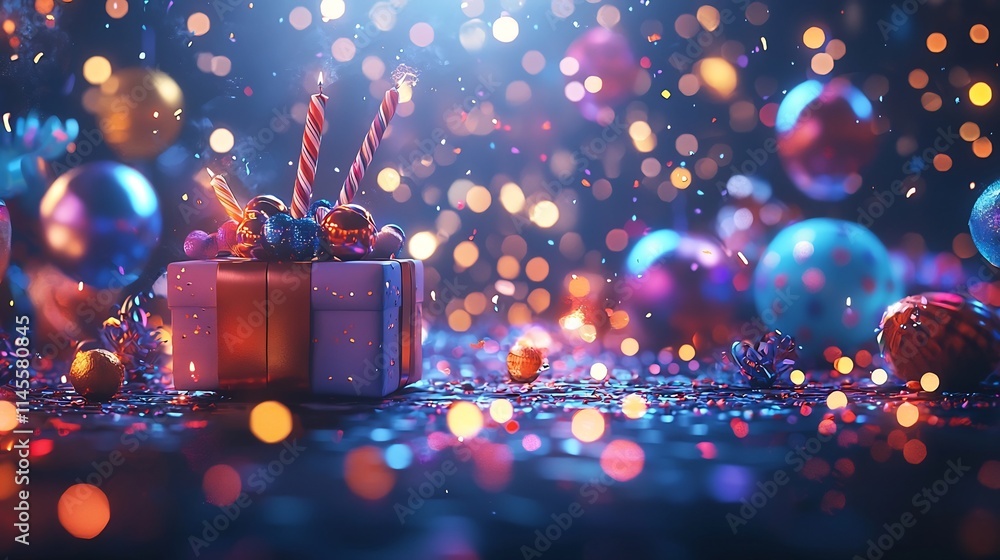 Poster playful and vibrant new year s party design with glowing animated props confetti and a central blank