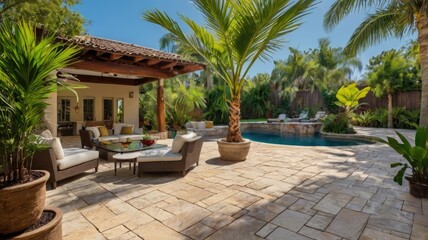Fototapeta premium patio palm tree, Patio with tropical plants and palm trees under clear skies