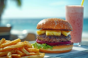 Hamburger with Pineapple, Golden Fries, and Refreshing Drink in a Tropical Setting, for Fast-Food Marketing or Advertising