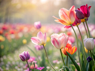 Fototapeta premium tulips in the garden. tulip, flower, spring, nature, tulips, garden, pink, flowers, red, blossom, bloom, field, flora, beauty, plant, floral, colorful, beautiful, yellow, summer, petal, color, park, s