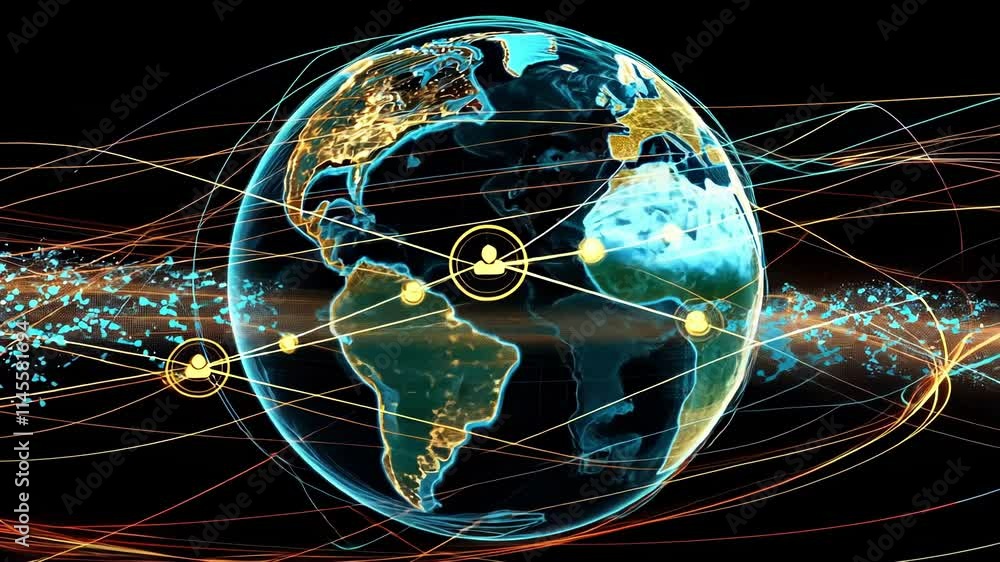 Poster planet earth rotating in space. surrounded by vibrant data connections and flowing information. illu