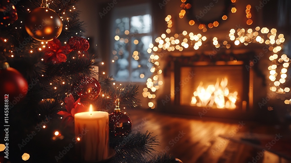 Poster soft and cozy new year scene with subtle flashing lights gentle fireworks in the distance and a warm