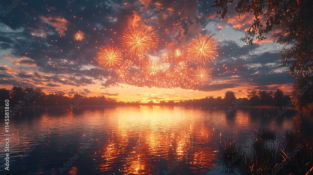 Aufkleber spectacular new year s eve fireworks display reflected on the serene surface of a tranquil river cre